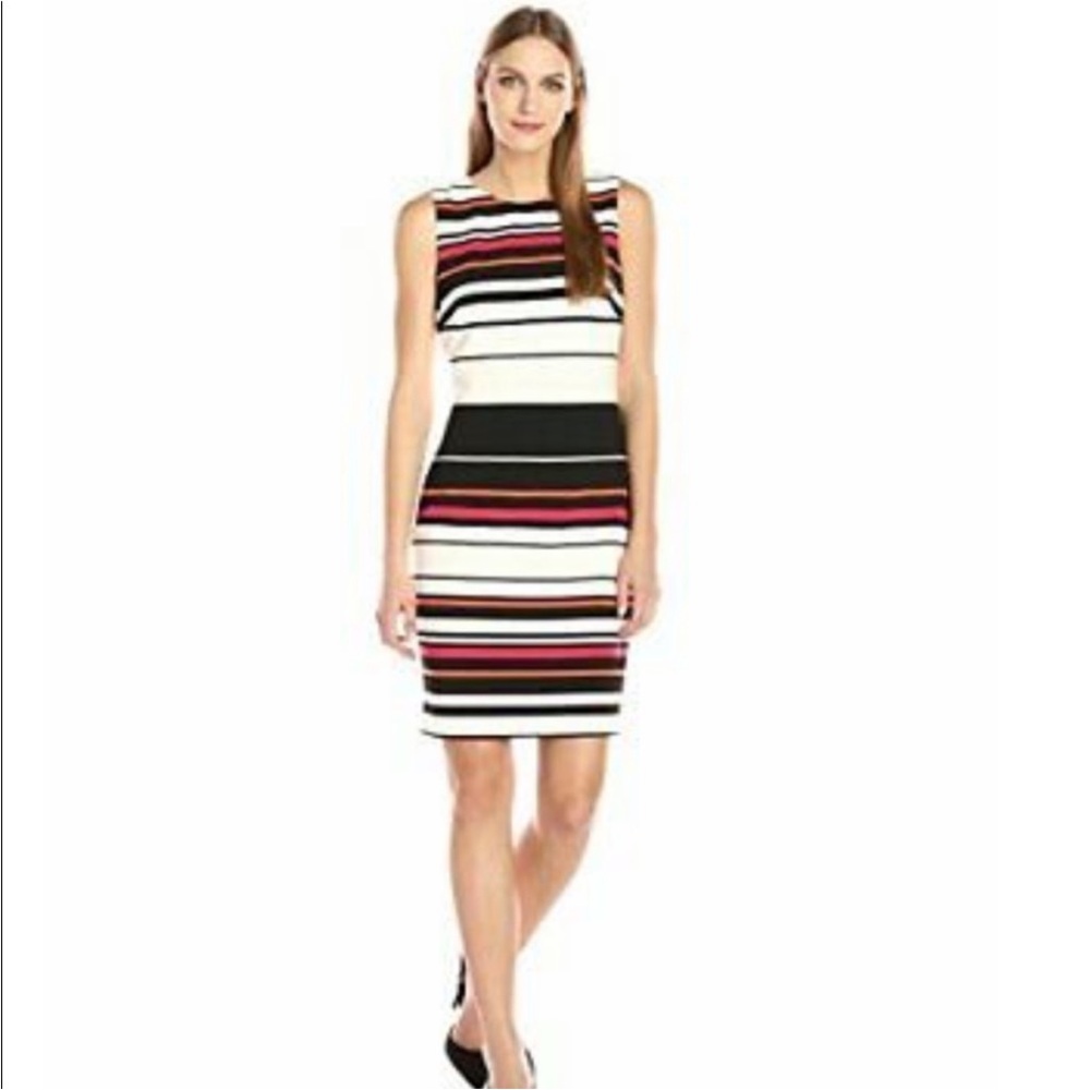 Calvin Klein Dress - white/black/pink/orange stripes sleeveless sheath career